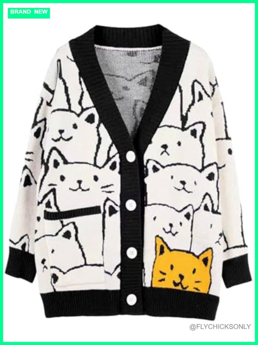Oversized Cat Print Knit Cardigan V Neck Button Front Long Sleeve